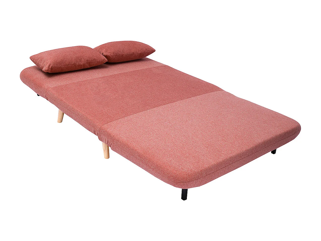 Zweisitzer-Schlafsofa aus terrakotta-farbenem samtigem Strukturstoff und hellem Holz AMIKO