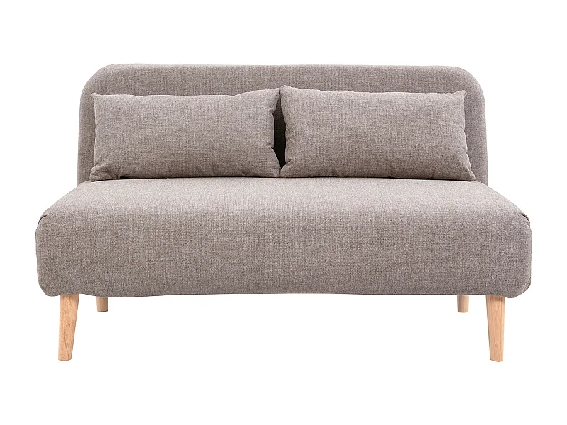Zweisitzer-Schlafsofa aus taupefarbenem Stoff und hellem Holz AMIKO