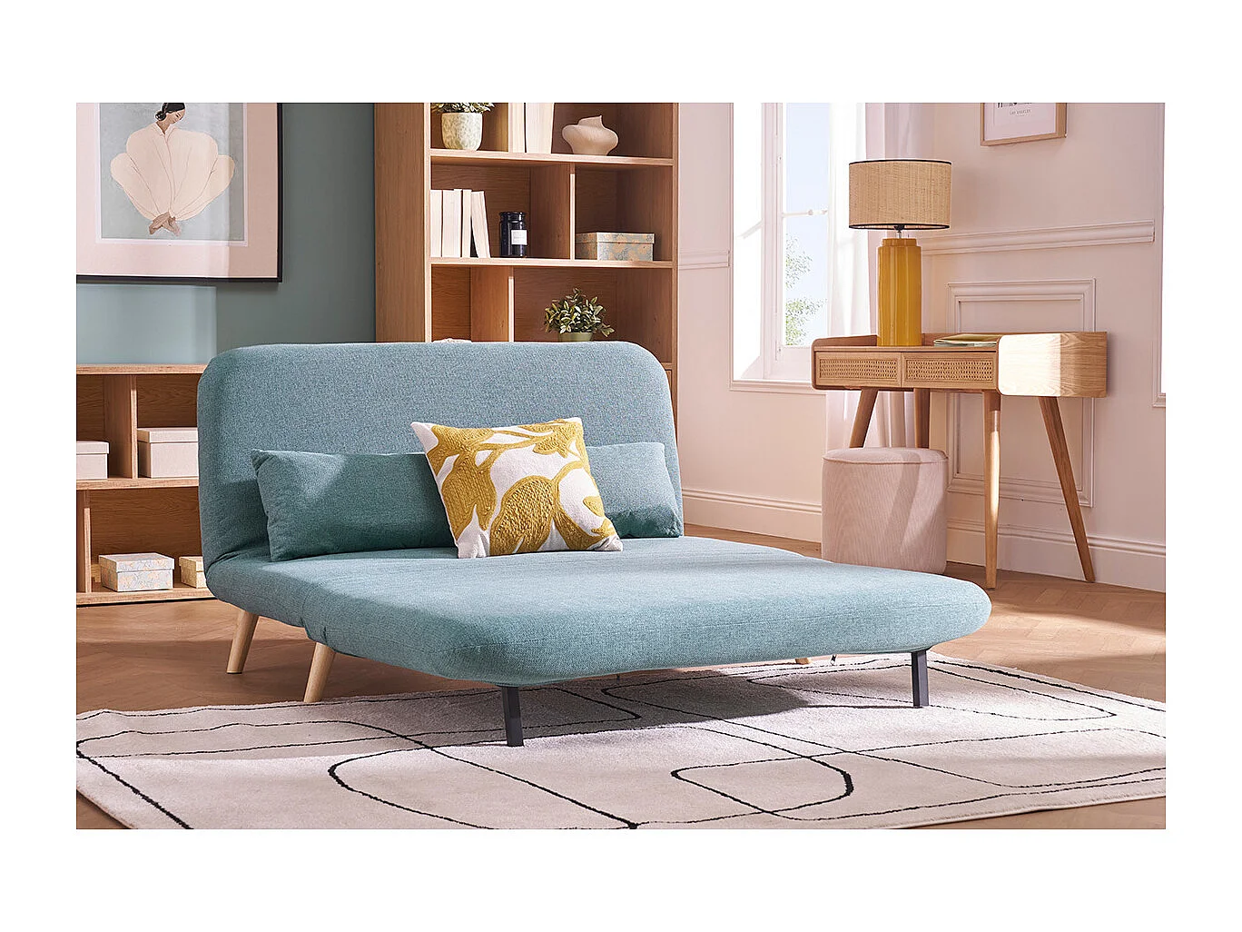 Sofá cama de 2 plazas convertible en tela verde gris y madera clara AMIKO