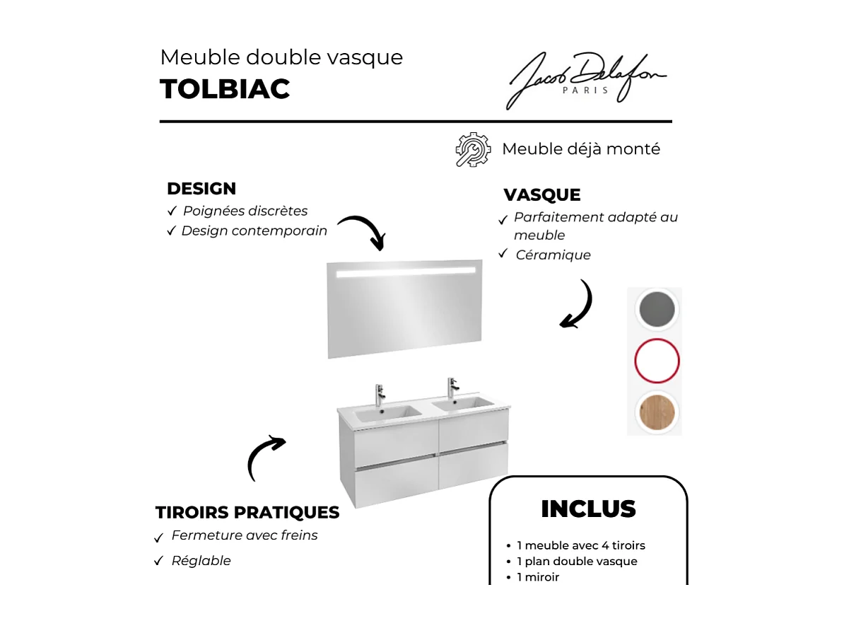 Meuble double vasque 120 cm JACOB DELAFON Tolbiac blanc + miroir led
