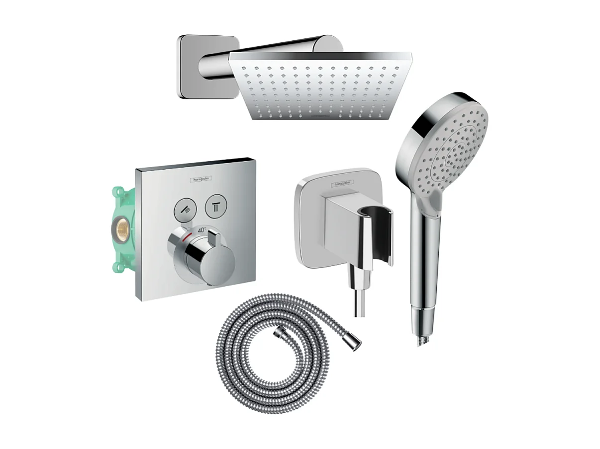 Colonne de douche thermostatique HANSGROHE ShowerSelect E Douche de tête Vernis Shape Flexible Metaflex Douchette Vernis B chromé