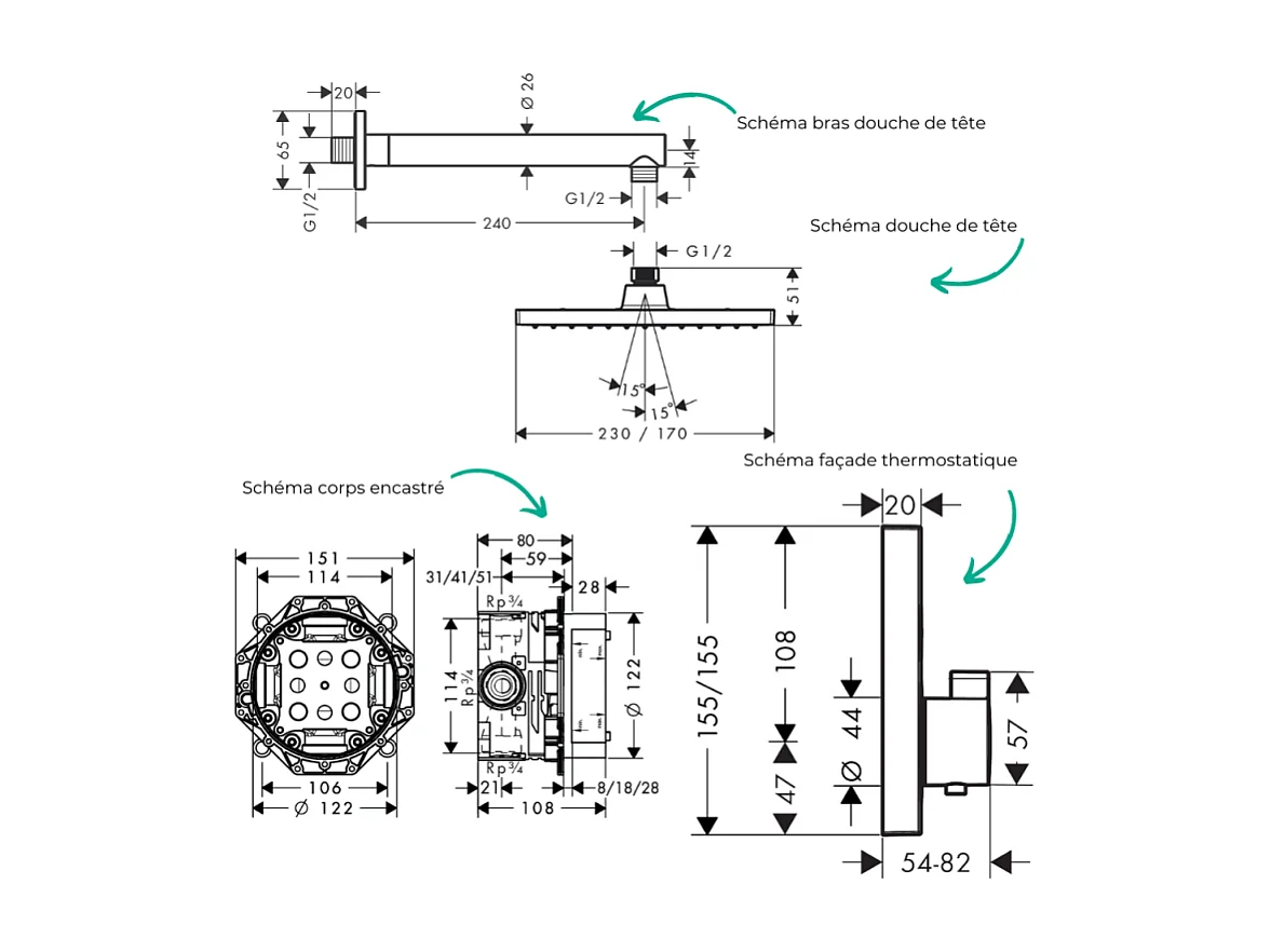 Colonne de douche thermostatique HANSGROHE ShowerSelect E Douche de tête Vernis Shape Flexible Metaflex Douchette Vernis B chromé