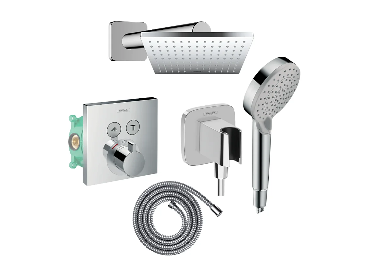 Colonne de douche thermostatique HANSGROHE ShowerSelect E Douche de tête Vernis Shape Flexible Metaflex Douchette Vernis B chromé
