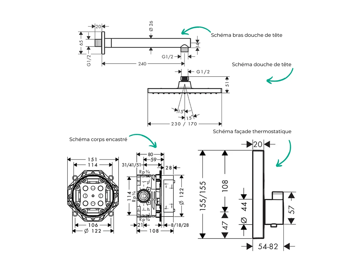 Colonne de douche thermostatique HANSGROHE ShowerSelect E Douche de tête Vernis Shape Flexible Metaflex Douchette Vernis B chromé