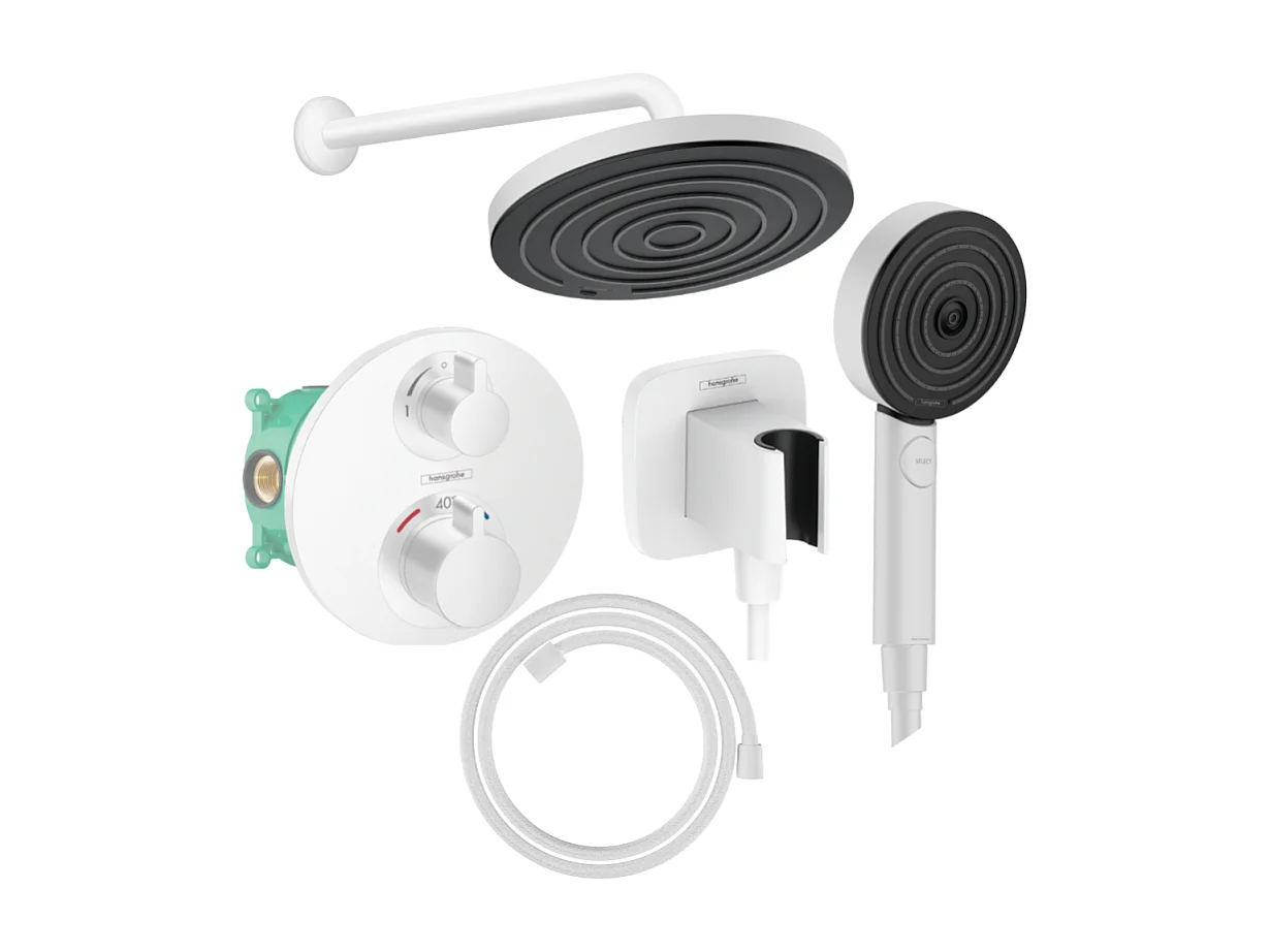 Colonne de douche thermostatique HANSGROHE Ecostat S Douche de tête Pulsify S Flexible Designflex Douchette Pulsify blanc mat