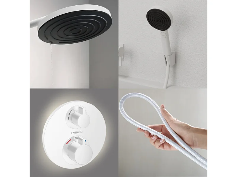 Colonne de douche thermostatique HANSGROHE Ecostat S Douche de tête Pulsify S Flexible Designflex Douchette Pulsify blanc mat