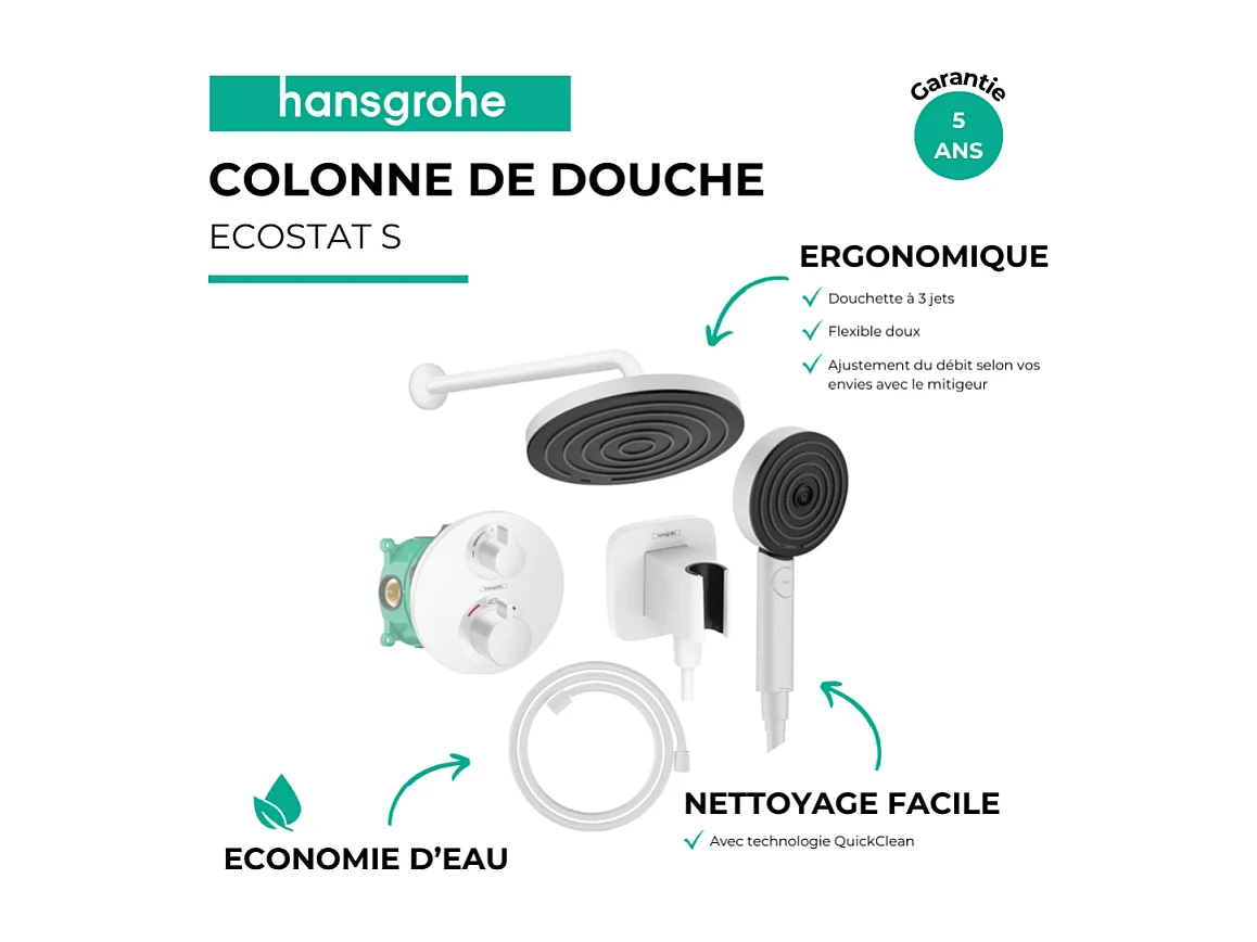 Colonne de douche thermostatique HANSGROHE Ecostat S Douche de tête Pulsify S Flexible Designflex Douchette Pulsify blanc mat