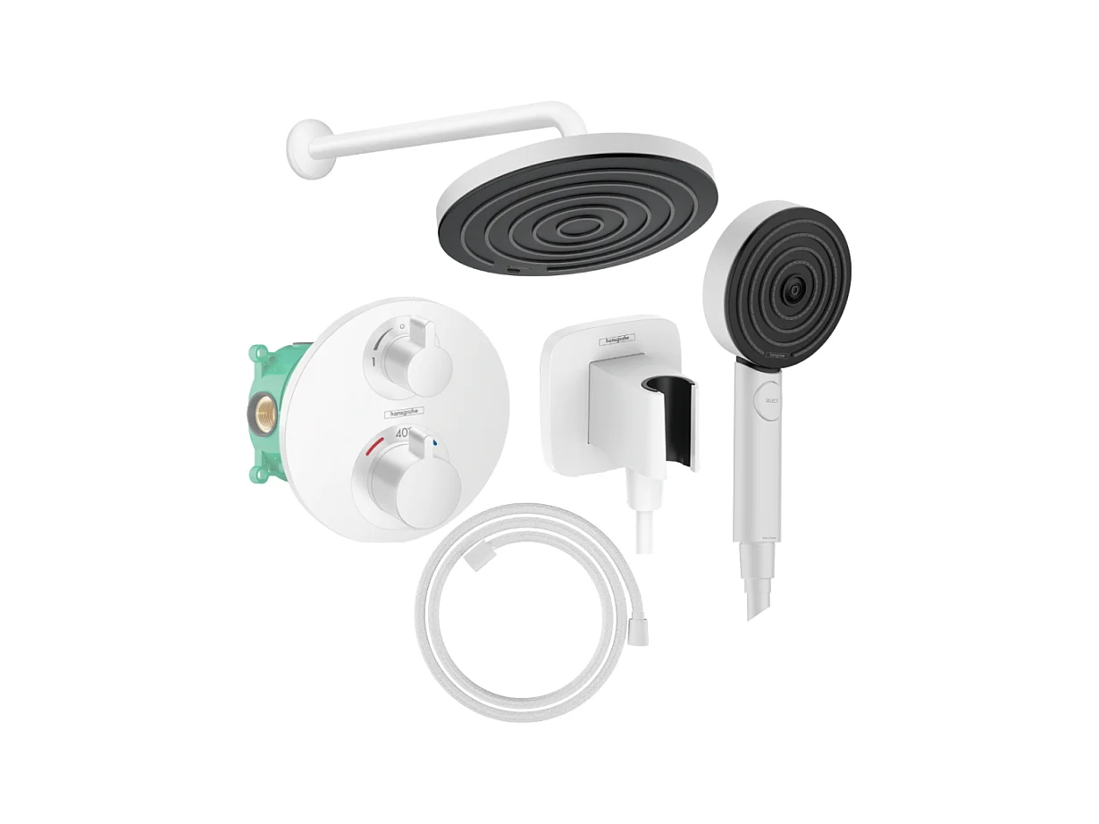 Colonne de douche thermostatique HANSGROHE Ecostat S Douche de tête Pulsify S Flexible Designflex Douchette Pulsify blanc mat