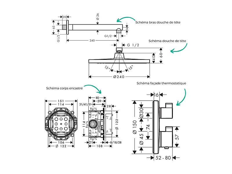 Colonne de douche thermostatique HANSGROHE Ecostat S Douche de tête Crometta S Flexible Isiflex Douchette Pulsify E noir mat