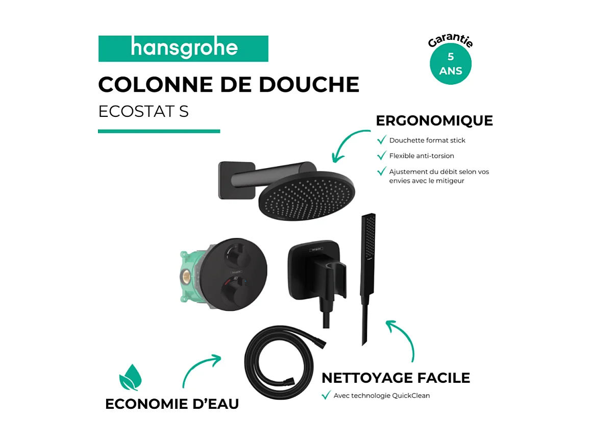 Colonne de douche thermostatique HANSGROHE Ecostat S Douche de tête Crometta S Flexible Isiflex Douchette Pulsify E noir mat