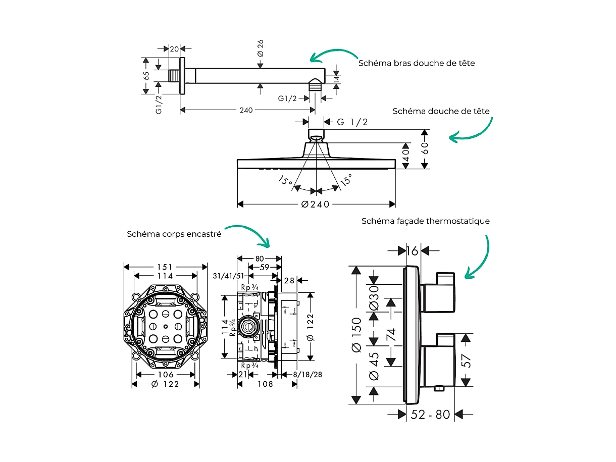 Colonne de douche thermostatique HANSGROHE Ecostat S Douche de tête Crometta S Flexible Isiflex Douchette Pulsify E noir mat