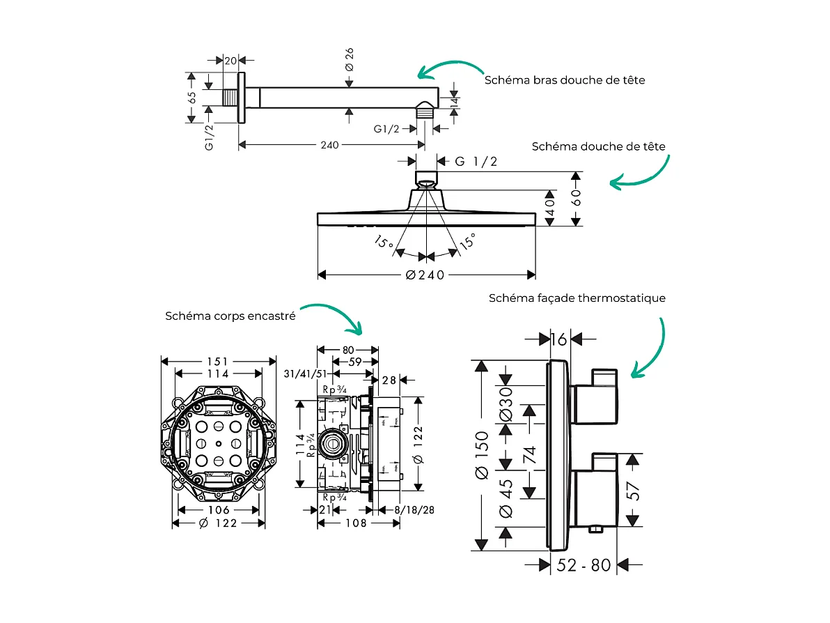 Colonne de douche thermostatique HANSGROHE Ecostat S Douche de tête Crometta S Flexible Isiflex Douchette Pulsify E noir mat