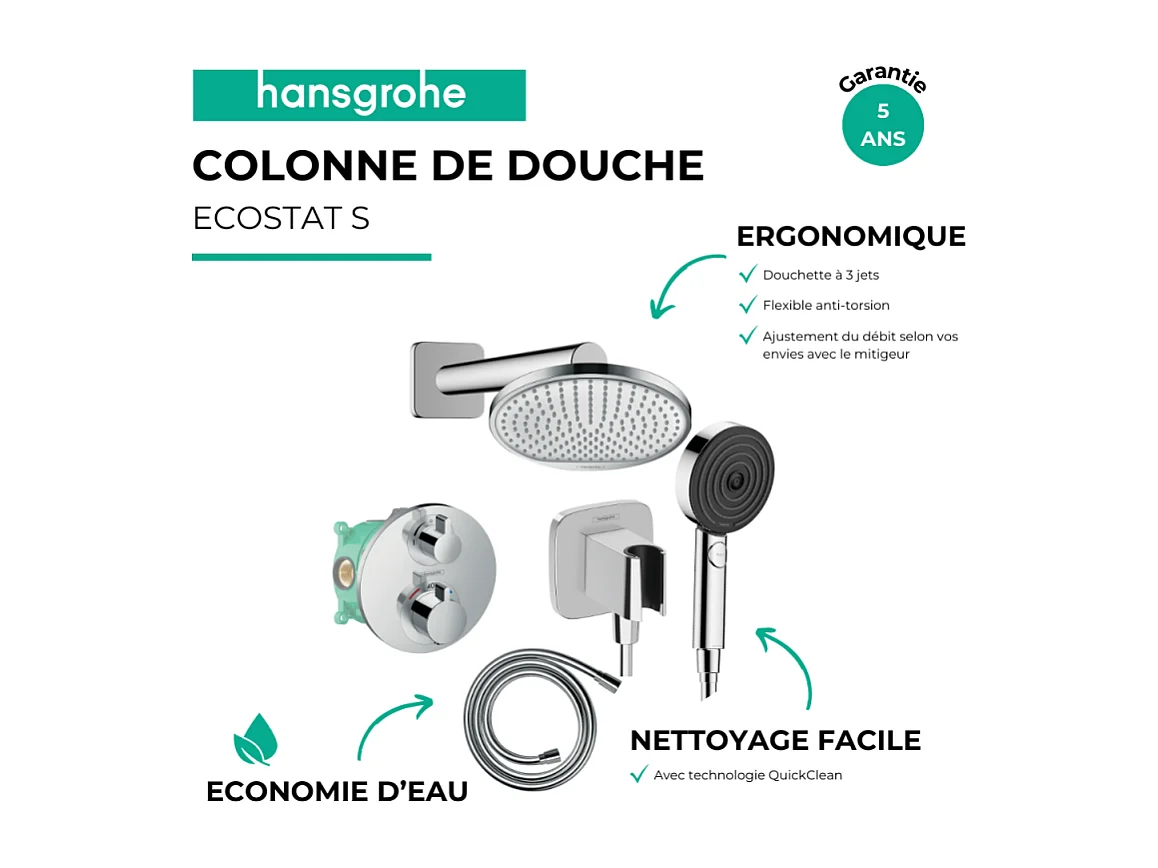 Colonne de douche thermostatique HANSGROHE Ecostat S Douche de tête Crometta S Flexible Isiflex Douchette Pulsify chromé