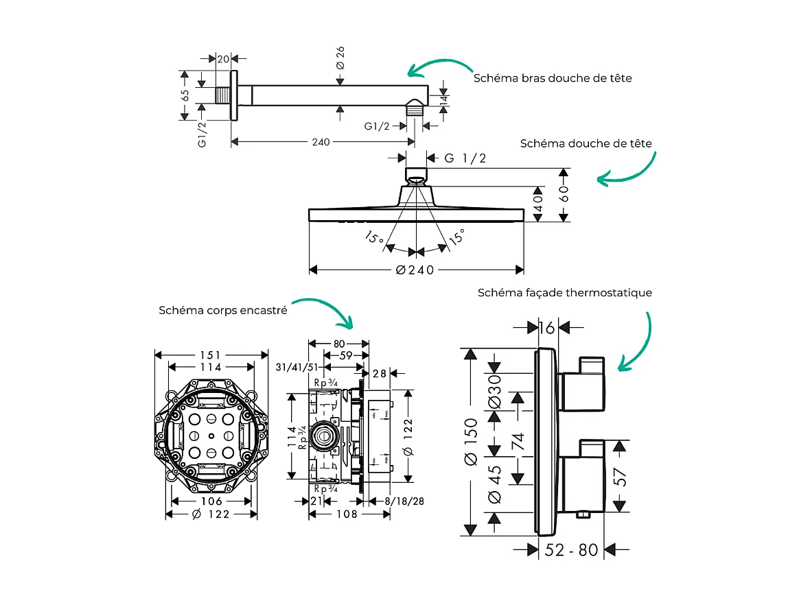 Colonne de douche thermostatique HANSGROHE Ecostat S Douche de tête Crometta S Flexible Isiflex Douchette Pulsify chromé