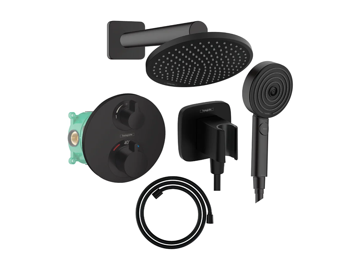 Colonne de douche thermostatique HANSGROHE Ecostat S Douche de tête Crometta S Flexible Designflex Douchette Pulsify noir mat