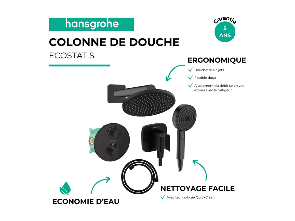 Colonne de douche thermostatique HANSGROHE Ecostat S Douche de tête Crometta S Flexible Designflex Douchette Pulsify noir mat