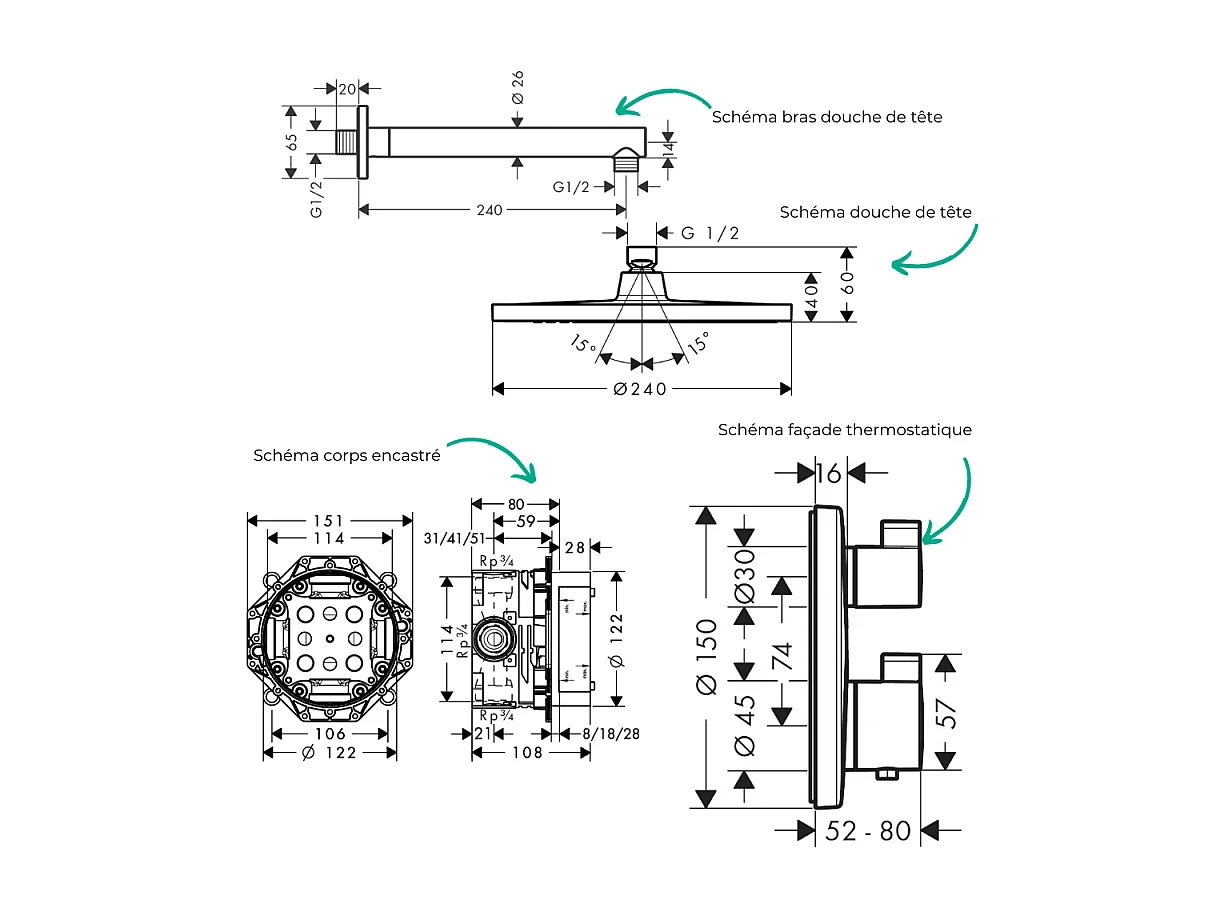 Colonne de douche thermostatique HANSGROHE Ecostat S Douche de tête Crometta S Flexible Designflex Douchette Pulsify noir mat