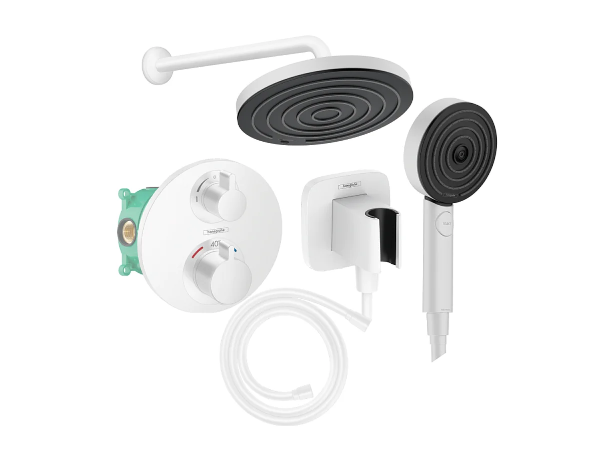 Colonne de douche thermostatique HANSGROHE Ecostat S Douche de tête Pulsify S Flexible Isiflex Douchette Pulsify blanc mat