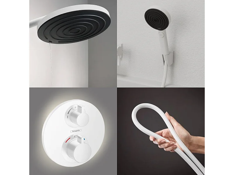 Colonne de douche thermostatique HANSGROHE Ecostat S Douche de tête Pulsify S Flexible Isiflex Douchette Pulsify blanc mat