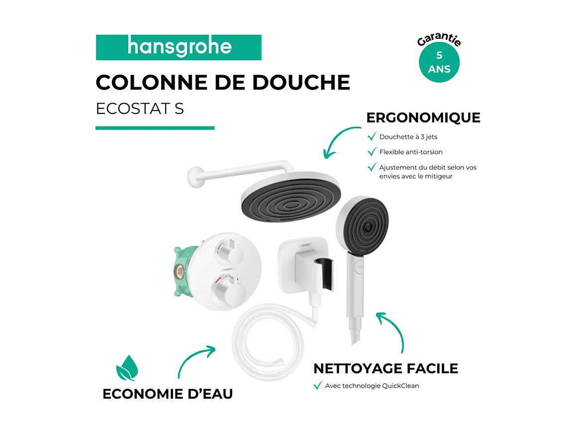 Colonne de douche thermostatique HANSGROHE Ecostat S Douche de tête Pulsify S Flexible Isiflex Douchette Pulsify blanc mat