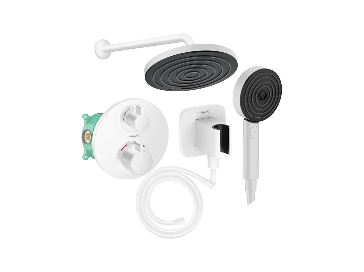 Colonne de douche thermostatique HANSGROHE Ecostat S Douche de tête Pulsify S Flexible Isiflex Douchette Pulsify blanc mat