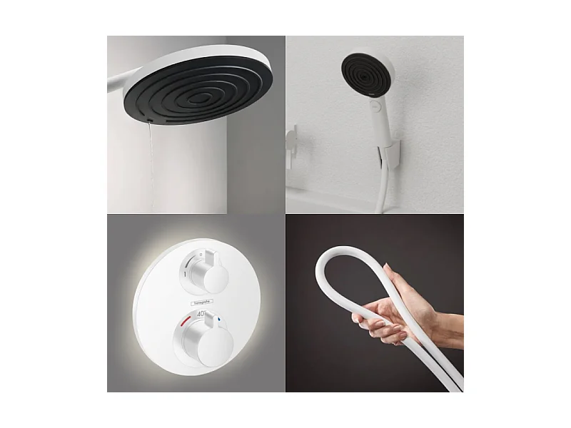 Colonne de douche thermostatique HANSGROHE Ecostat S Douche de tête Pulsify S Flexible Isiflex Douchette Pulsify blanc mat