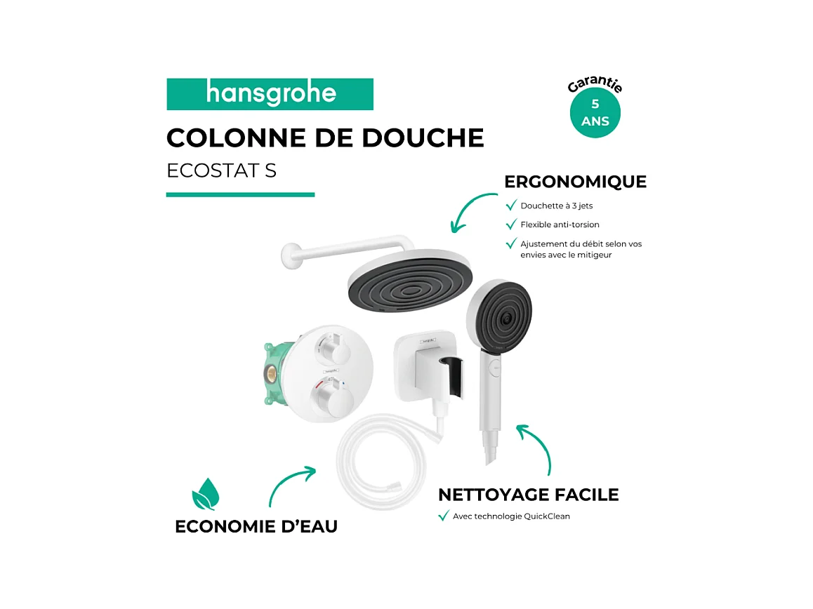 Colonne de douche thermostatique HANSGROHE Ecostat S Douche de tête Pulsify S Flexible Isiflex Douchette Pulsify blanc mat