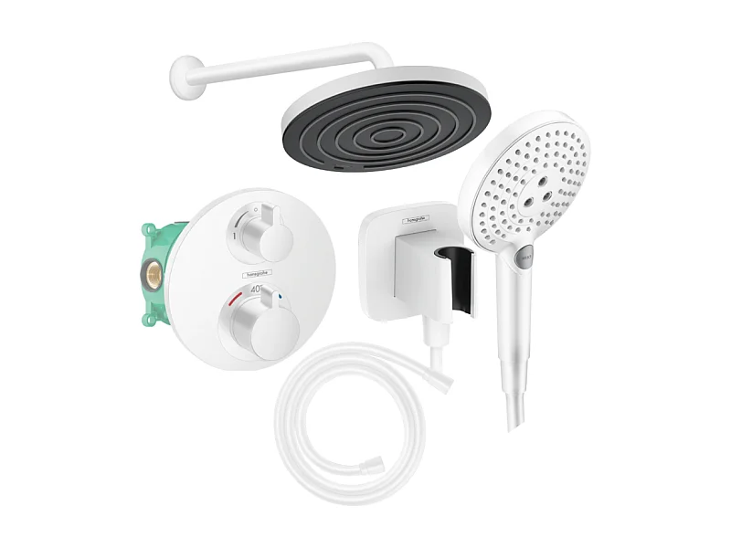 Colonne de douche thermostatique HANSGROHE Ecostat S Douche de tête Pulsify S Flexible Isiflex Douchette Raindance Select S blanc