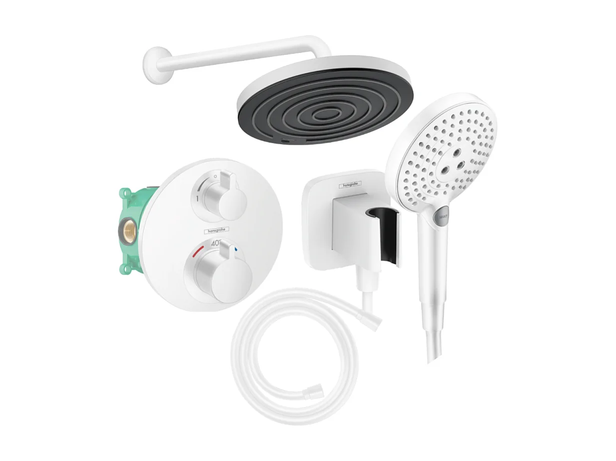 Colonne de douche thermostatique HANSGROHE Ecostat S Douche de tête Pulsify S Flexible Isiflex Douchette Raindance Select S blanc