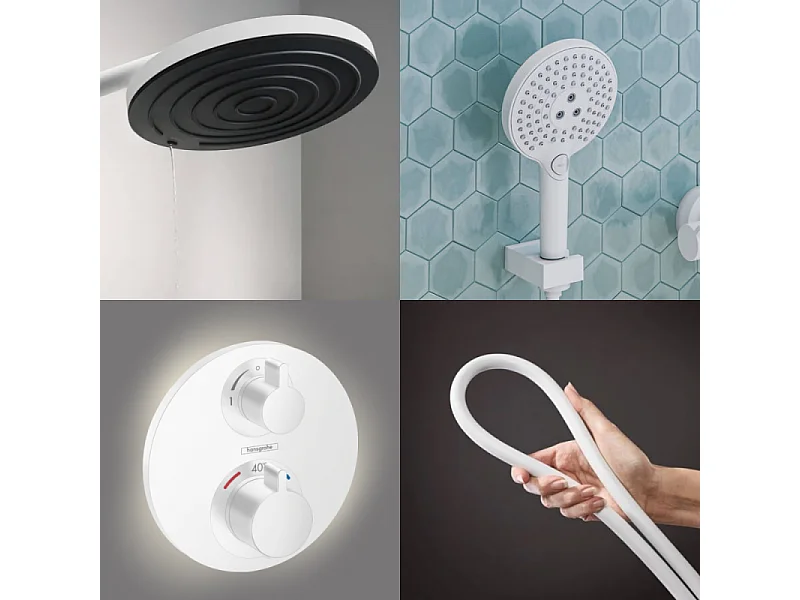 Colonne de douche thermostatique HANSGROHE Ecostat S Douche de tête Pulsify S Flexible Isiflex Douchette Raindance Select S blanc