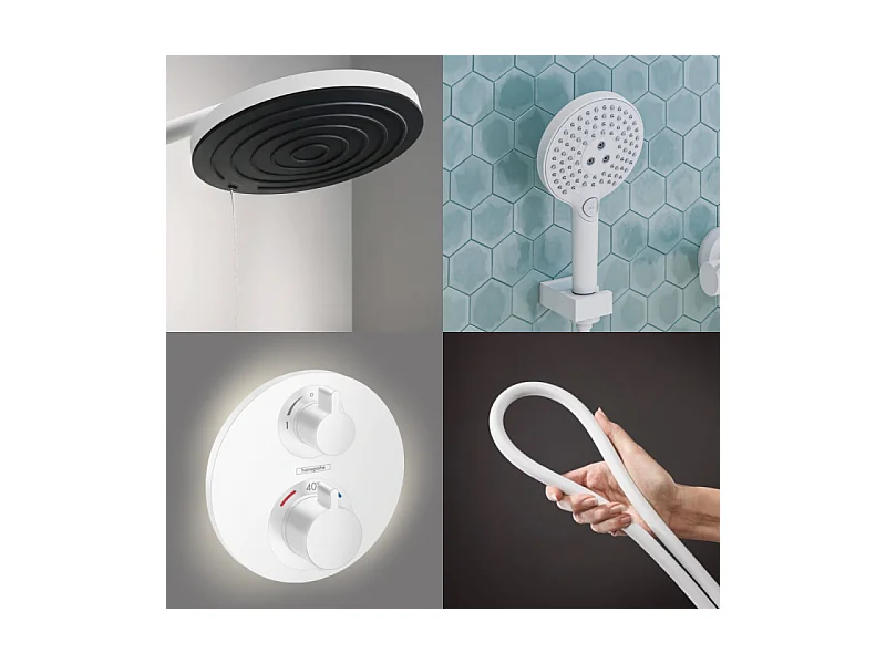 Colonne de douche thermostatique HANSGROHE Ecostat S Douche de tête Pulsify S Flexible Isiflex Douchette Raindance Select S blanc