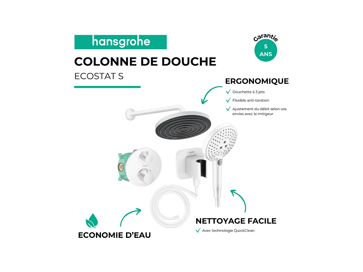 Colonne de douche thermostatique HANSGROHE Ecostat S Douche de tête Pulsify S Flexible Isiflex Douchette Raindance Select S blanc