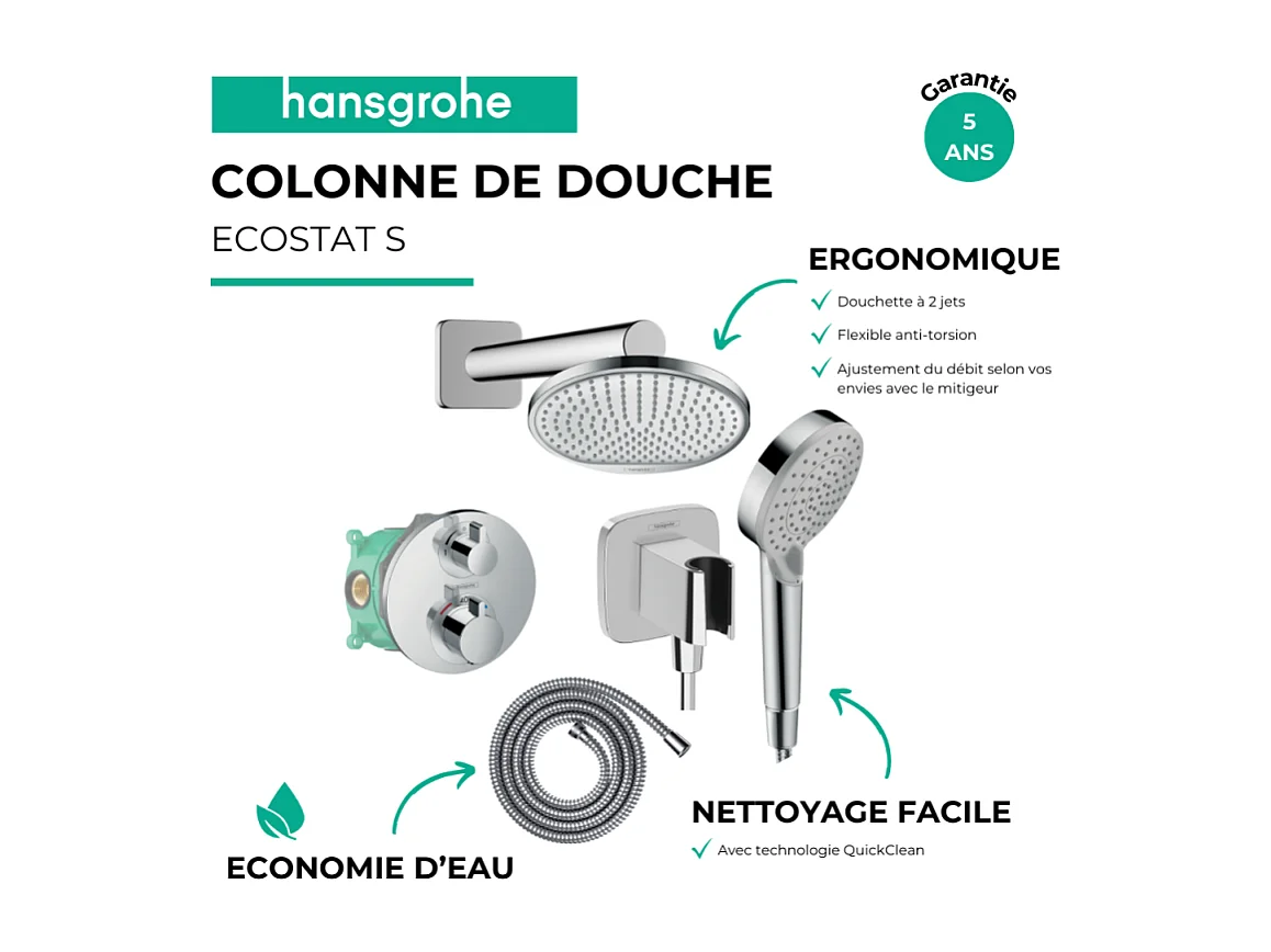 Colonne de douche thermostatique HANSGROHE Ecostat S Douche de tête Crometta S Flexible Metaflex Douchette Vernis Blend chromé