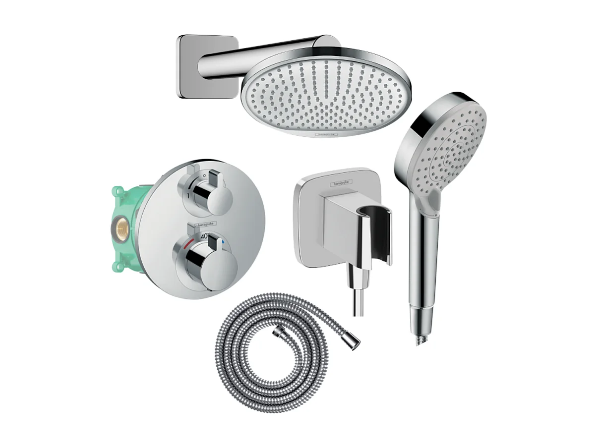 Colonne de douche thermostatique HANSGROHE Ecostat S Douche de tête Crometta S Flexible Metaflex Douchette Vernis Blend chromé