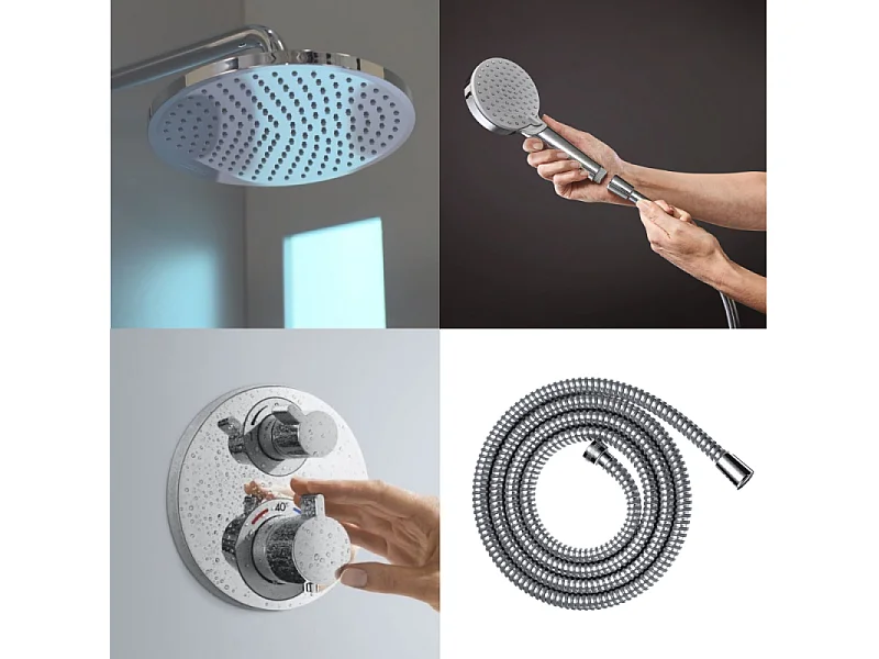 Colonne de douche thermostatique HANSGROHE Ecostat S Douche de tête Crometta S Flexible Metaflex Douchette Vernis Blend chromé