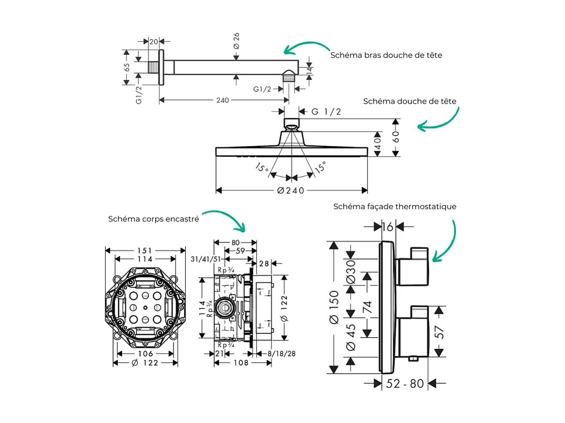 Colonne de douche thermostatique HANSGROHE Ecostat S Douche de tête Crometta S Flexible Metaflex Douchette Vernis Blend chromé