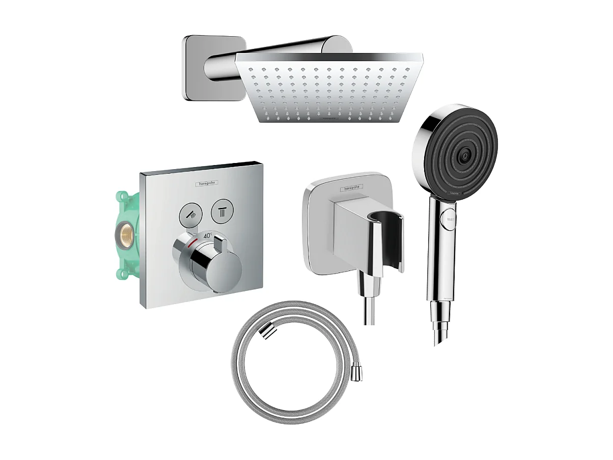 Colonne de douche thermostatique HANSGROHE ShowerSelect E Douche de tête Vernis Shape Flexible Designflex Douchette Pulsify chromé