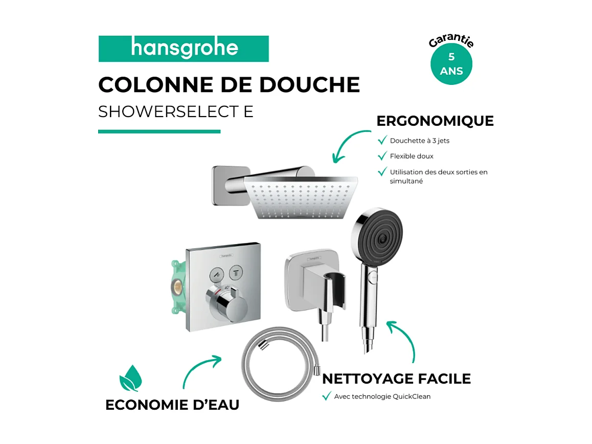 Colonne de douche thermostatique HANSGROHE ShowerSelect E Douche de tête Vernis Shape Flexible Designflex Douchette Pulsify chromé