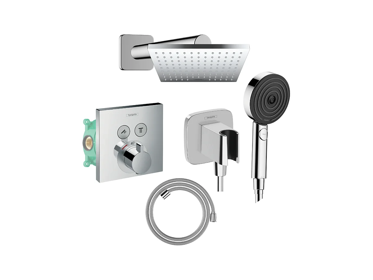 Colonne de douche thermostatique HANSGROHE ShowerSelect E Douche de tête Vernis Shape Flexible Designflex Douchette Pulsify chromé