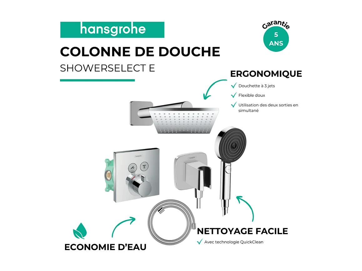 Colonne de douche thermostatique HANSGROHE ShowerSelect E Douche de tête Vernis Shape Flexible Designflex Douchette Pulsify chromé