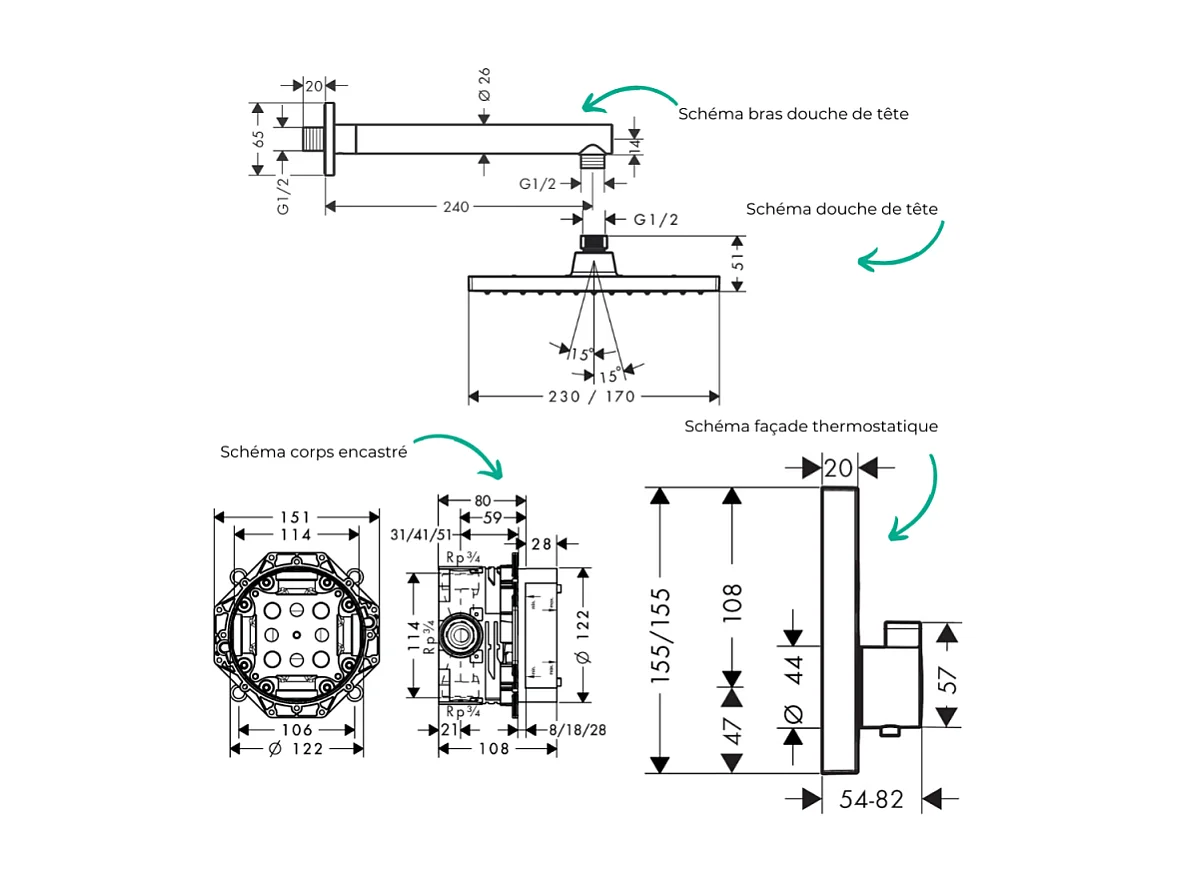 Colonne de douche thermostatique HANSGROHE ShowerSelect E Douche de tête Vernis Shape Flexible Designflex Douchette Pulsify chromé