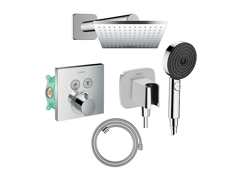 Colonne de douche thermostatique HANSGROHE ShowerSelect E Douche de tête Vernis Shape Flexible Designflex Douchette Pulsify chromé