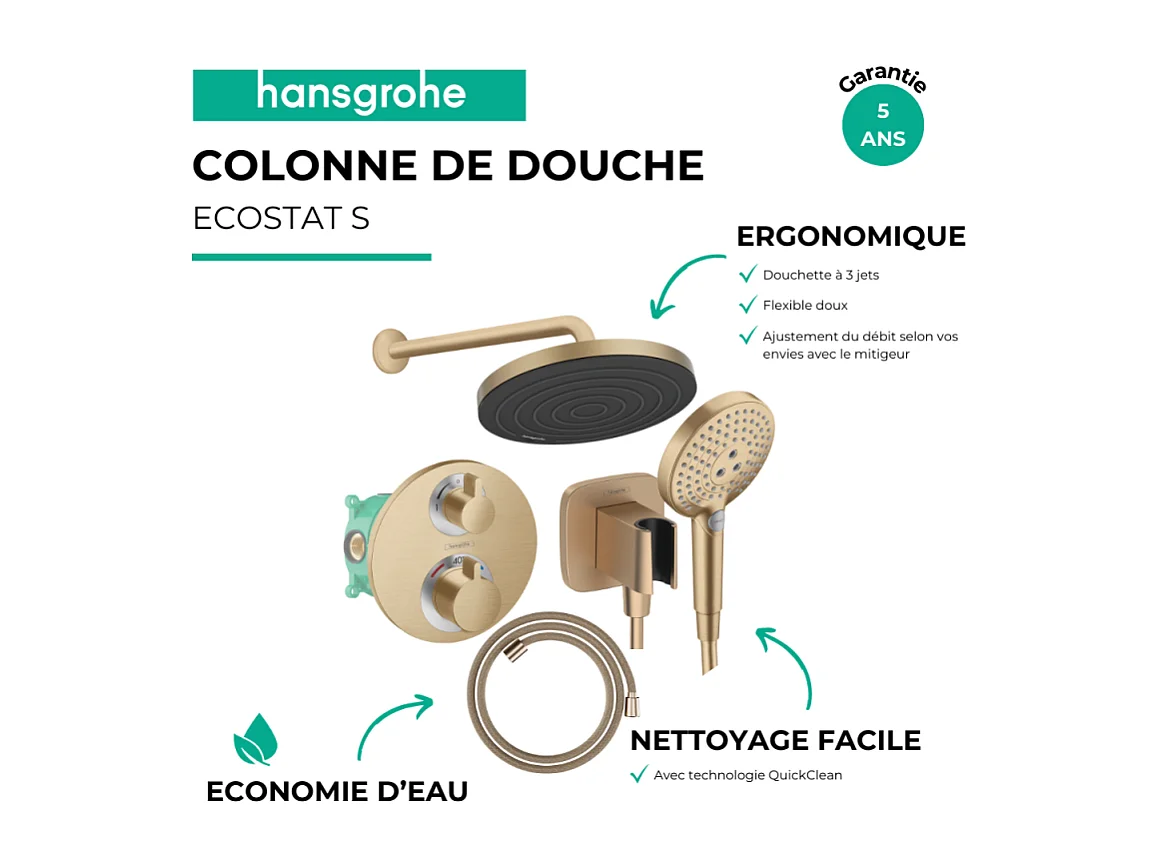 Colonne douche thermostatique HANSGROHE Ecostat S Douche de tête Pulsify S Flexible Designflex Douchette Raindance Select S bronze