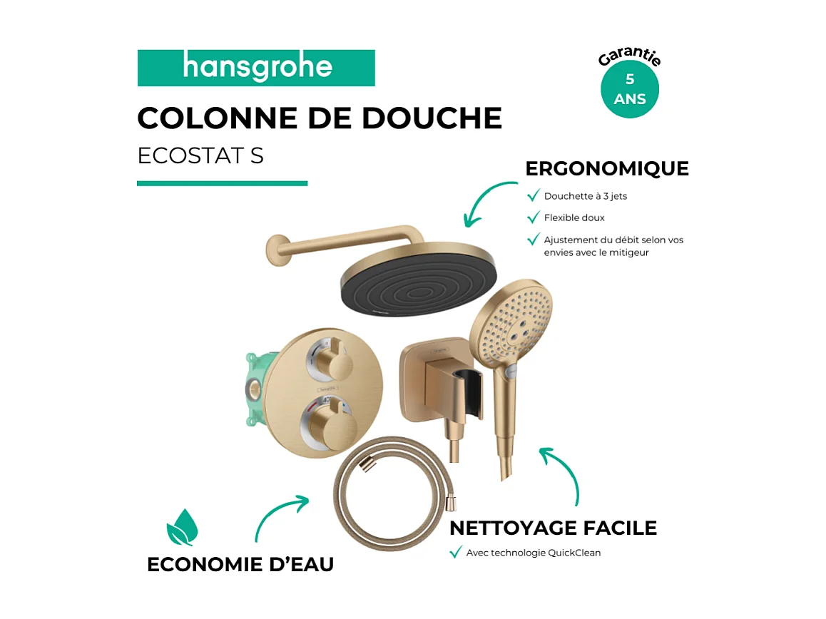 Colonne douche thermostatique HANSGROHE Ecostat S Douche de tête Pulsify S Flexible Designflex Douchette Raindance Select S bronze