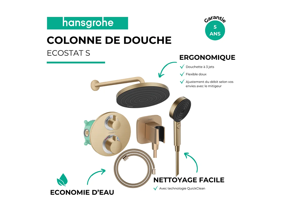 Colonne de douche thermostatique HANSGROHE Ecostat S Douche de tête Pulsify S Flexible Designflex Douchette Pulsify bronze brossé
