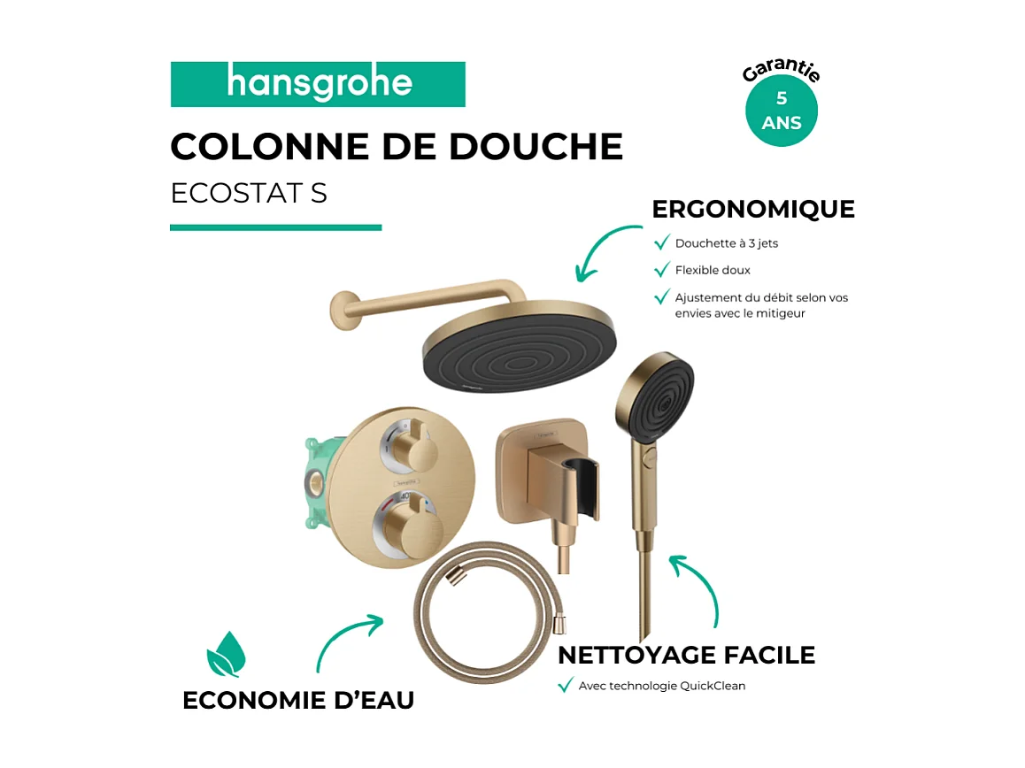 Colonne de douche thermostatique HANSGROHE Ecostat S Douche de tête Pulsify S Flexible Designflex Douchette Pulsify bronze brossé