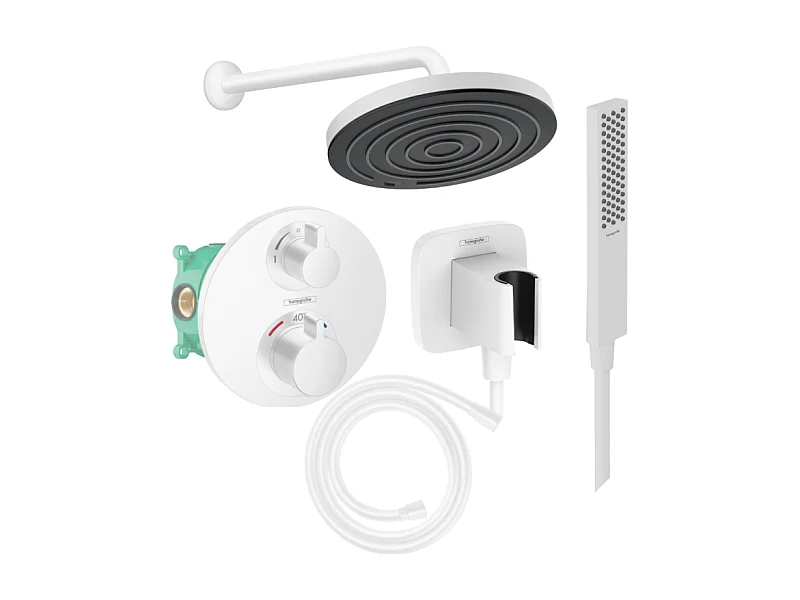 Colonne de douche thermostatique HANSGROHE Ecostat S Douche de tête Pulsify S Flexible Isiflex Douchette Pulsify E  blanc mat