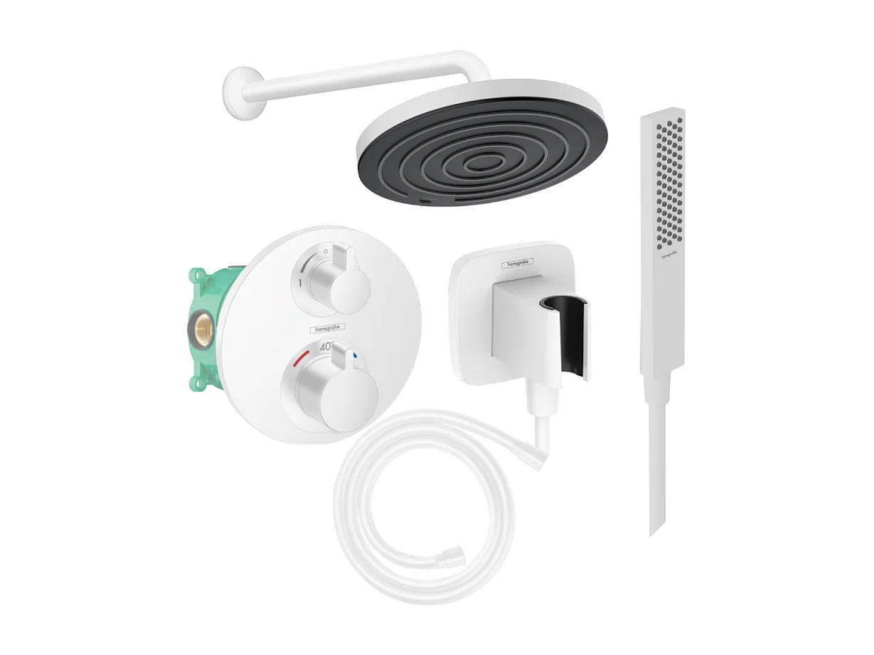 Colonne de douche thermostatique HANSGROHE Ecostat S Douche de tête Pulsify S Flexible Isiflex Douchette Pulsify E  blanc mat