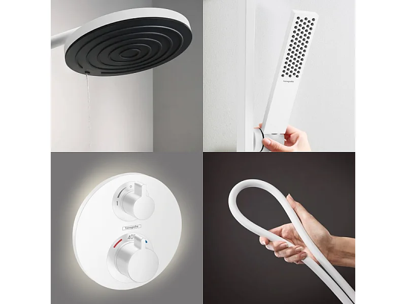 Colonne de douche thermostatique HANSGROHE Ecostat S Douche de tête Pulsify S Flexible Isiflex Douchette Pulsify E  blanc mat