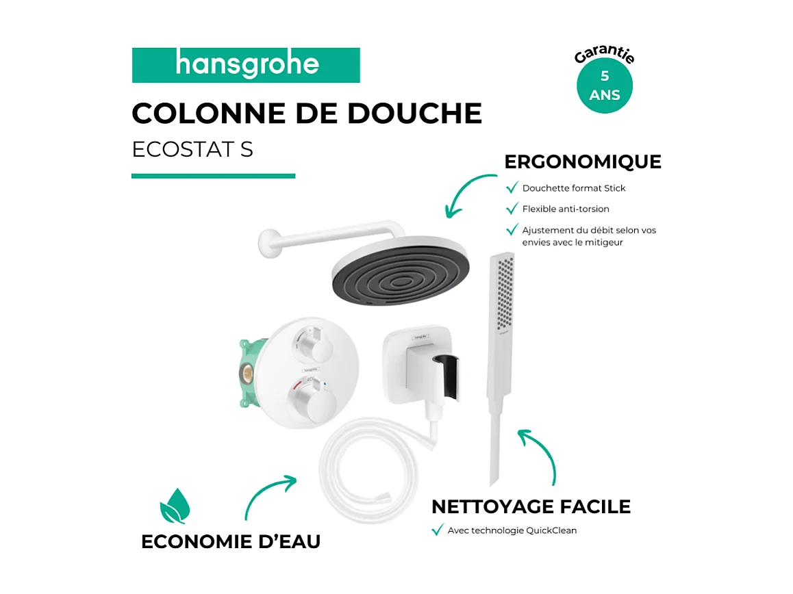 Colonne de douche thermostatique HANSGROHE Ecostat S Douche de tête Pulsify S Flexible Isiflex Douchette Pulsify E  blanc mat
